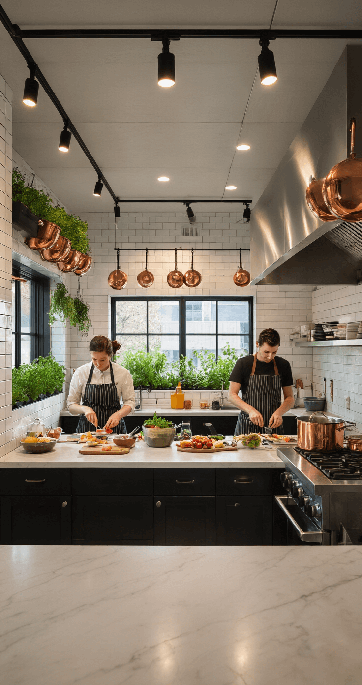 A modern industrial-style cooking school kitchen featuring polished concrete floors and subway tile walls, with two couples side-by-side at stainless steel workstations preparing colorful meals, illuminated by natural light and warm LED track lighting, while copper pots hang overhead and fresh herbs are in window boxes.