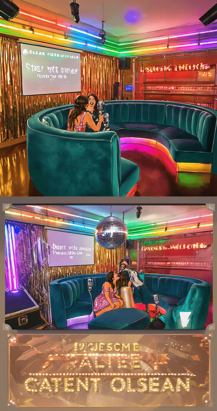 A wide-angle view of a retro-styled karaoke lounge featuring curved velvet booths in deep teal, illuminated by color-changing LED strips. Two couples are enjoying themselves in a booth with vintage microphones, surrounded by metallic wallpaper that reflects neon signs. A disco ball casts light patterns across the room, and a stage area with a projection screen displaying lyrics is visible. The decor showcases jewel tones of ruby, emerald, and sapphire with gold accents.