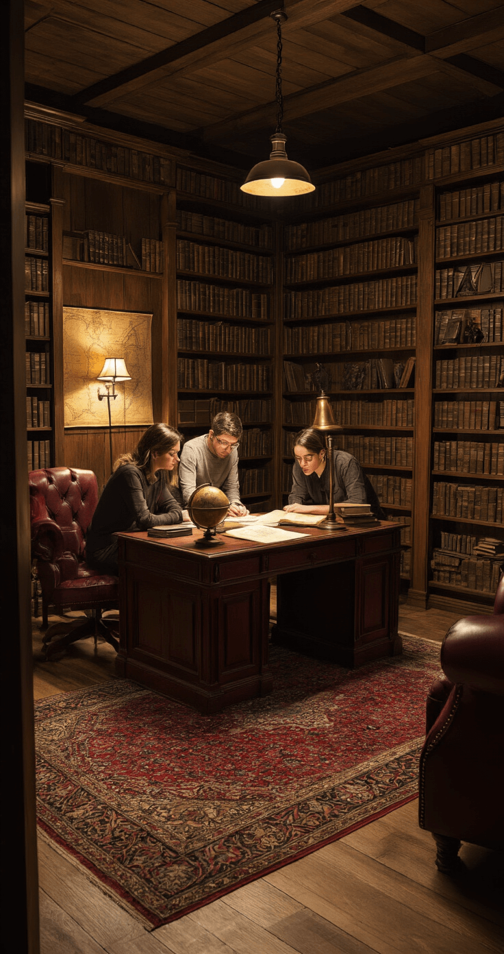 A contemporary escape room designed to resemble a vintage library, featuring wood-paneled walls filled with antique books, mahogany desk illuminated by brass lamp light, two couples solving clues, and mysterious props like a globe and old maps, all in a rich color palette of leather, burgundy, and aged brass, with dramatic shadowy lighting.