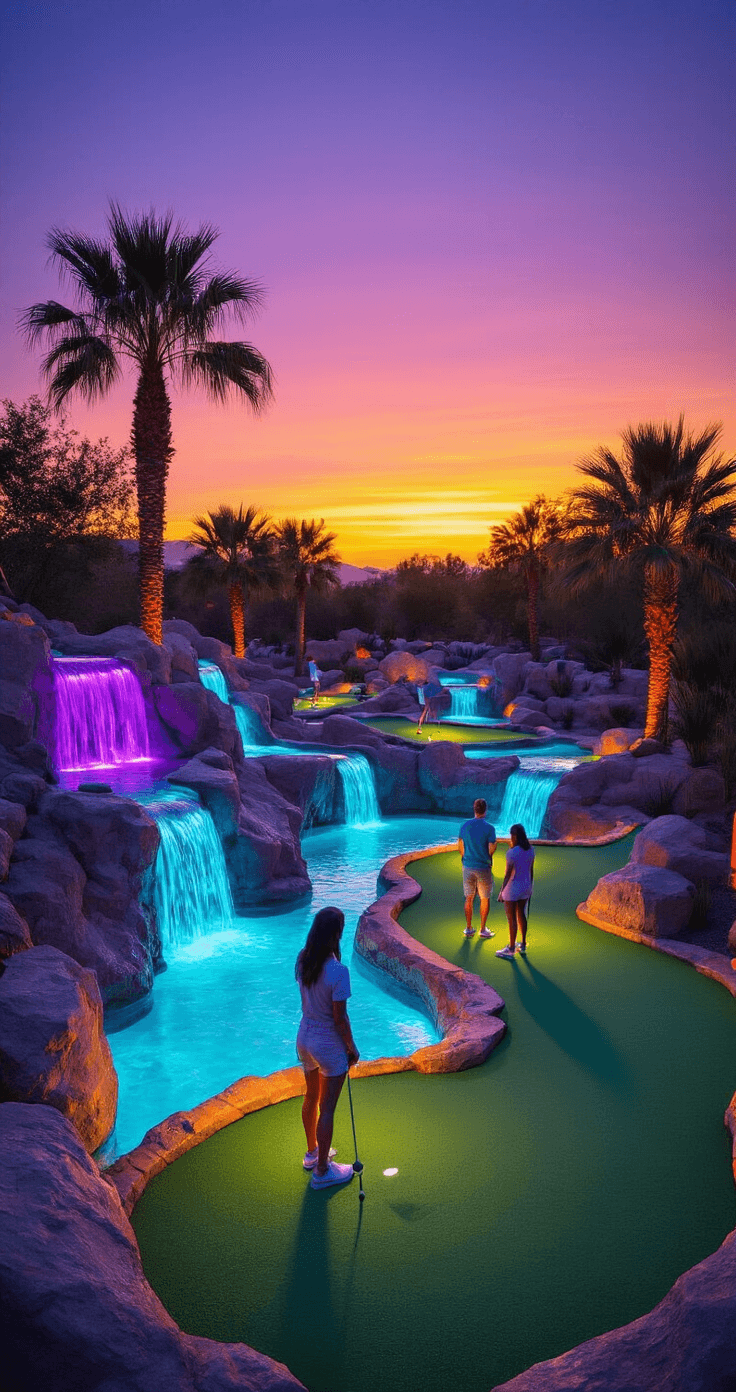 A vibrant twilight mini-golf course featuring whimsical LED-lit obstacles, couples playing at a challenging hole near a glowing water hazard, framed by palm trees and a colorful sunset sky, with astroturf greens and rocky landscaping.