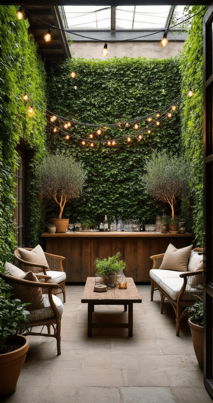 A cozy garden courtyard setup with living green walls, mismatched vintage furniture, and a locally-crafted wooden bar, illuminated by string lights during magic hour, creating a warm and elegant atmosphere.