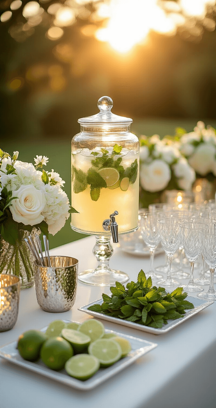 A luxurious wedding cocktail station at golden hour, featuring a glass drink dispenser filled with mojito base, garnish trays of mint and lime, crystal glasses, silver stirrers, white floral arrangements, and mercury glass votives.
