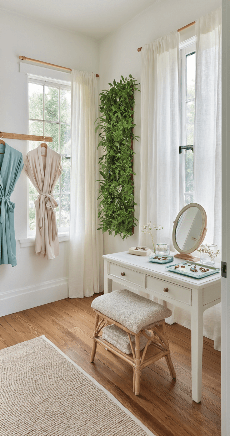 Bright corner room with whitewashed walls and hardwood floors, featuring morning light through sheer curtains, a vintage vanity with conflict-free jewelry, sustainable silk robes on bamboo hooks, and a plant wall, all embodying eco-luxury and elegance.