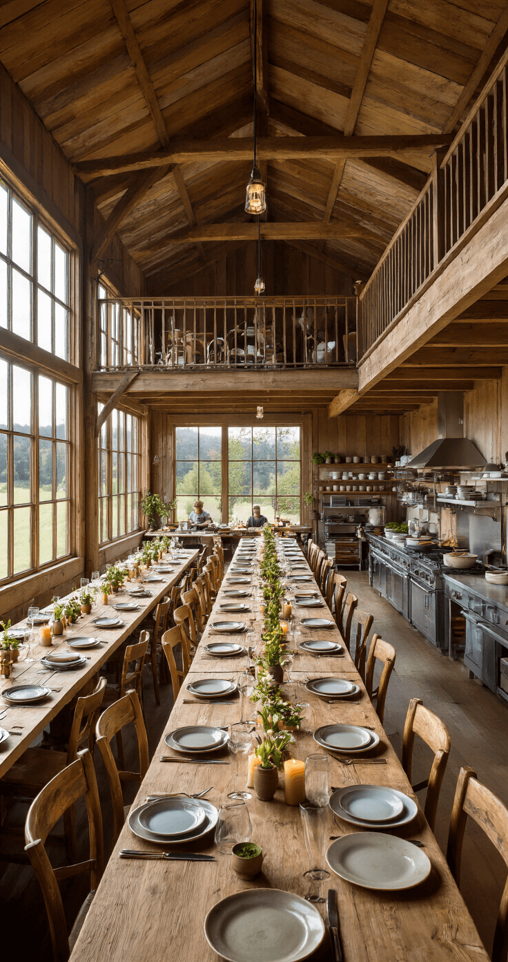 A spacious barn interior with high ceilings bathed in late afternoon light, featuring long communal tables adorned with handmade ceramic plates, beeswax candles, and edible centerpieces, alongside an exposed kitchen area displaying local produce, captured from a mezzanine level to highlight a farm-to-table dining experience.