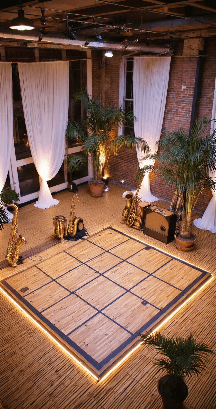 A spacious 35x35ft sustainable dance floor featuring bamboo flooring and draped hemp fabric, illuminated by warm white energy-efficient LEDs. Vintage brass instruments decorate the area, surrounded by potted palms that form natural borders, captured from an elevated angle showcasing the vibrant atmosphere.