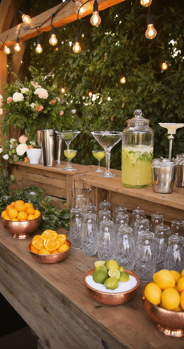 A rustic wooden wedding bar station adorned with warm string lights, featuring crystal mixing glasses, silver cocktail shakers, and elegant dispensers of vibrant margarita mixers, alongside fresh citrus fruits in copper bowls and salt-rimmed glasses, complemented by delicate blush and white flower arrangements.