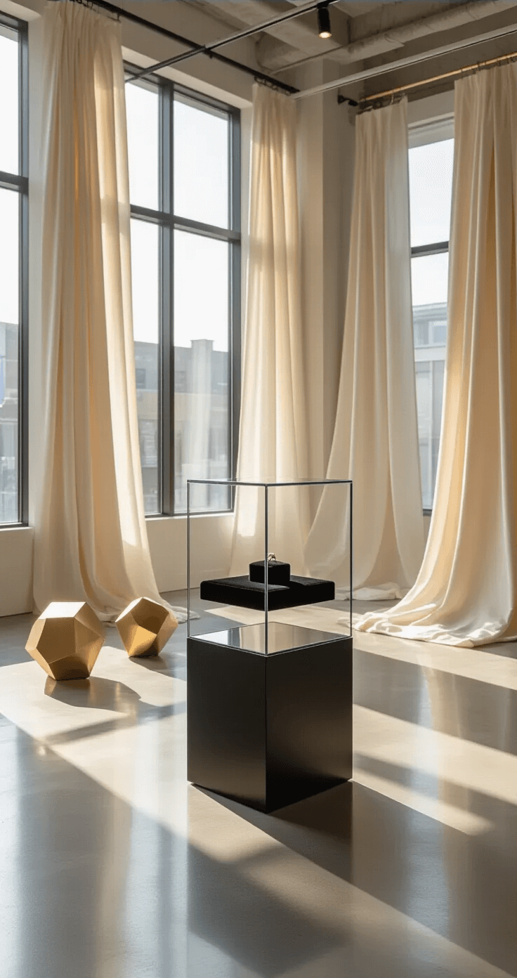 A contemporary luxury jewelry studio featuring a floating glass pedestal with a black velvet ring cushion, illuminated by soft morning light through floor-to-ceiling windows, complemented by pearl white and champagne silk drapes and modern gold geometric sculptures.