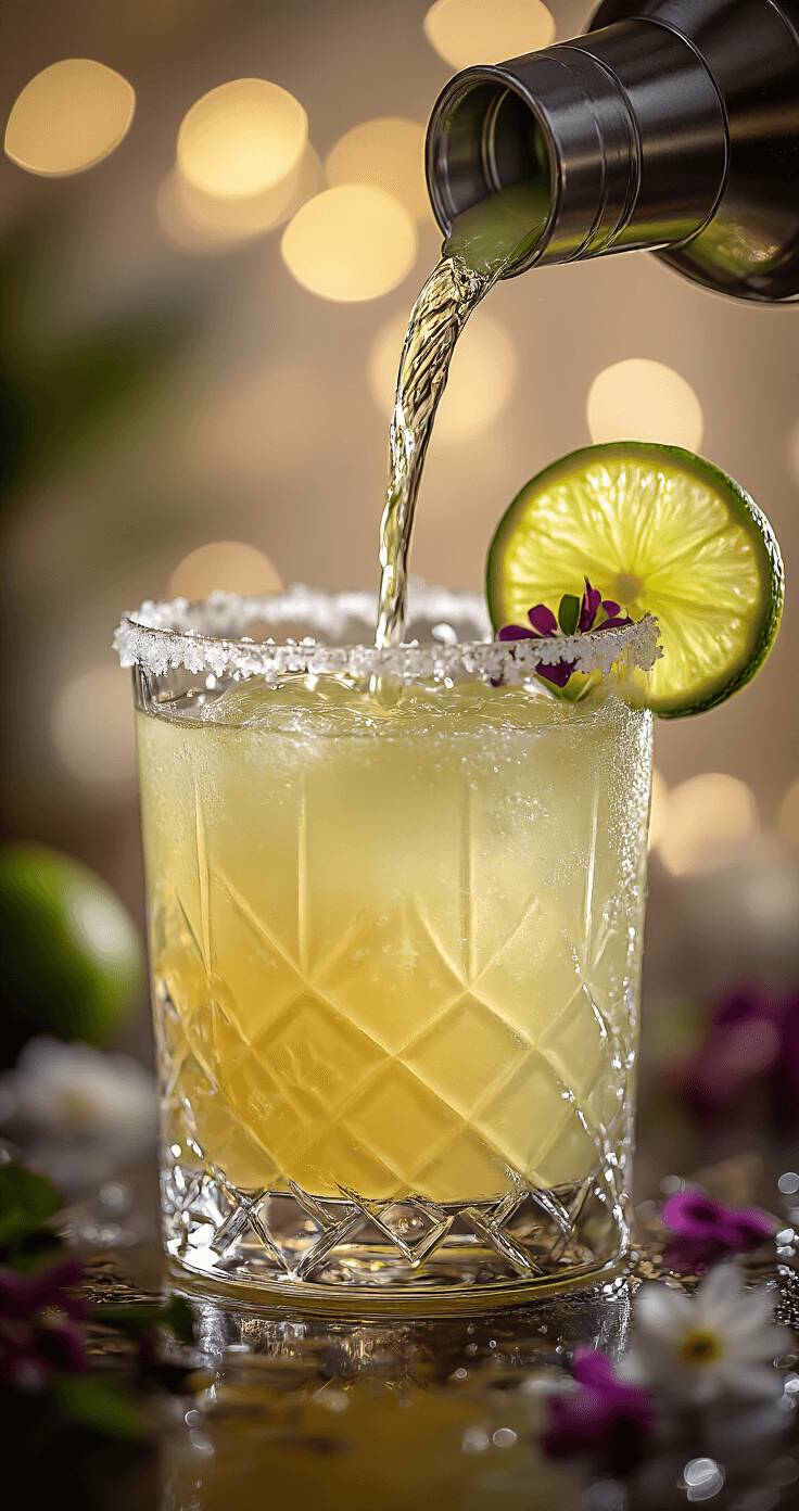 Close-up of a margarita being poured into a salt-rimmed glass, with a lime wheel and edible flowers on the rim, set against a softly blurred dreamy wedding backdrop.
