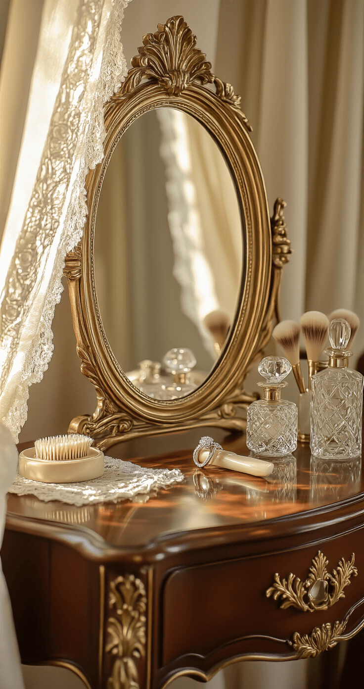 A vintage vanity setting featuring an ornate Victorian vanity in aged gold, illuminated by honey-warm afternoon sunlight. An antique mirror reflects the scene, with a ring on a vintage crystal holder, pearl-handled brushes, and cut-glass perfume bottles nearby. Ivory lace curtains filter the light, complemented by rich mahogany furniture with brass details, all captured with a romantic and nostalgic mood.