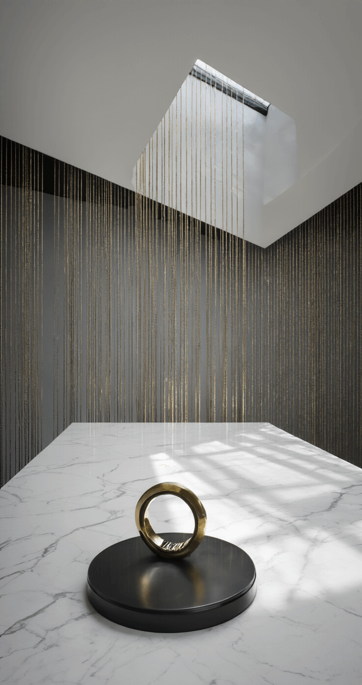 A contemporary 15x15ft space showcasing dramatic angular shadows from a skylight, featuring geometric patterns on white marble surfaces, a ring on a minimalist black metal stand against a cascading metallic chain curtain, and brushed steel furniture with glass tops, all in a cool grey and white color scheme with gold accents, captured from above with a 35mm lens.