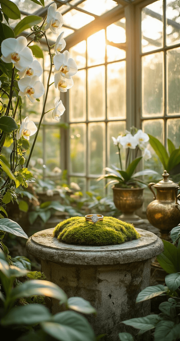 A sunlit greenhouse featuring a vintage glass-paneled design and wrought iron framework, showcasing a romantic ring nestled in moss on a stone pedestal, surrounded by white orchids and ivy, with antique brass planters and mercury glass accents, captured in golden hour lighting.