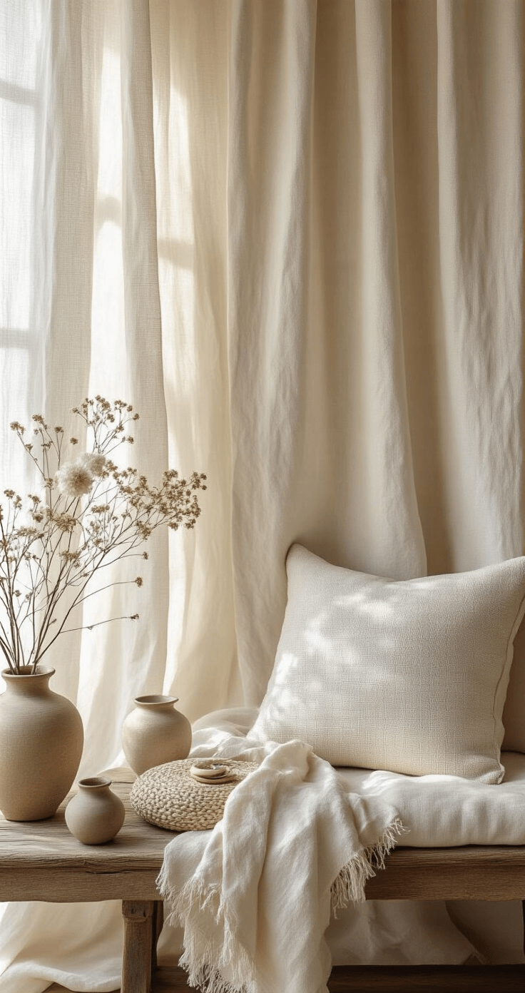 Cozy textile studio corner featuring floor-to-ceiling natural linen panels, diffused afternoon light, a ring on a handwoven silk cushion atop a vintage wooden table, and layers of cream, ivory, and pale gold fabrics. Ceramic vessels and dried flowers enhance the artisanal luxury ambiance.