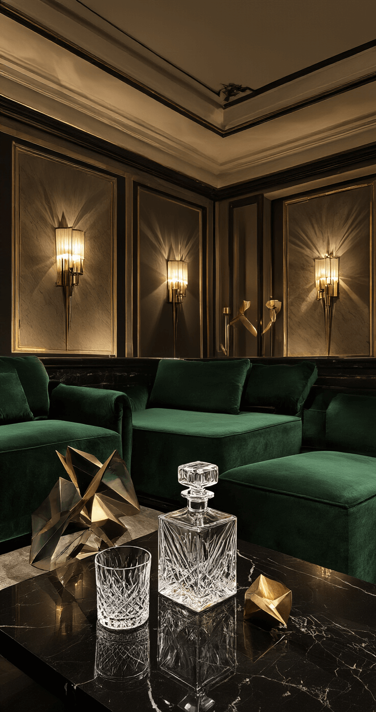 Sophisticated Art Deco lounge featuring emerald velvet furnishings, geometric brass sculptures, and an elegant black marble side table with a crystal decanter set, illuminated by evening lighting that casts dramatic shadows.