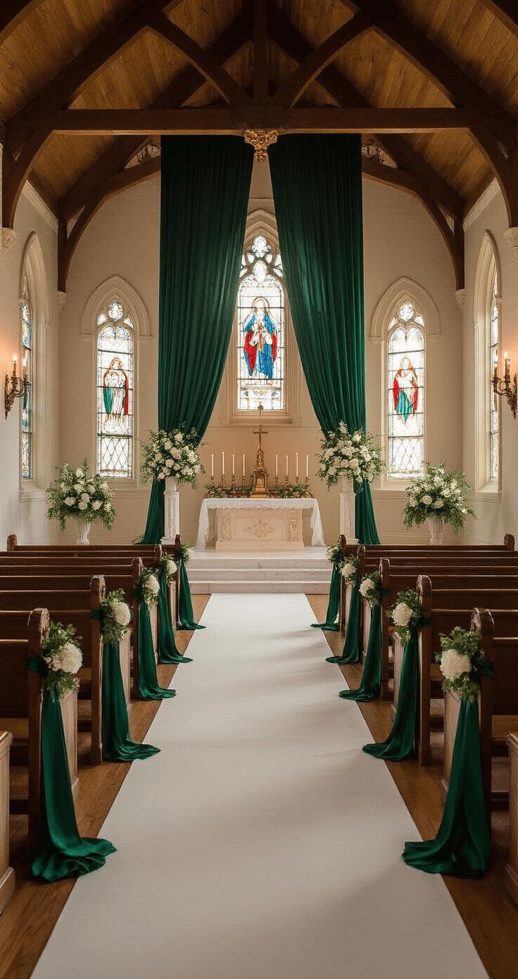 An intimate historic chapel interior featuring exposed wooden beams, stained glass windows casting ethereal light, emerald green ribbon-wrapped pews along a white marble aisle, adorned altar with ivory and emerald floral arrangements on gold pedestals, and vintage brass candelabras providing warm lighting, captured from the center aisle with a symmetrical composition.