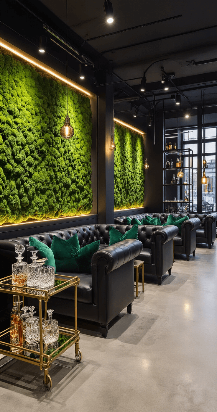 Modern cocktail lounge featuring polished concrete floors, industrial black metal accents, and low ambient lighting. The space includes black leather tufted sofas with emerald velvet pillows, a geometric gold bar cart with crystal decanters, and preserved moss wall art. The image is shot from a corner angle, highlighting the layered seating arrangement and dramatic spotlights on key decor elements.
