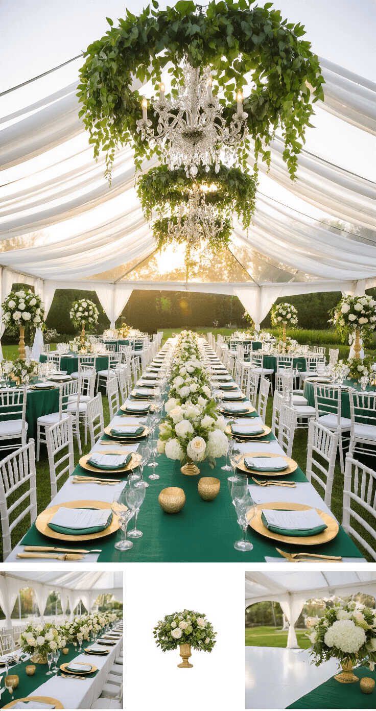 A clear-top reception tent in a manicured garden during golden hour, featuring long farm tables adorned with emerald runners and gold chargers, surrounded by white chiavari chairs with emerald cushions. Overhead smilax vines and crystal chandeliers enhance the elegant setting, with garden roses and hydrangeas in gold compotes decorating the tables, all captured from an elevated angle.