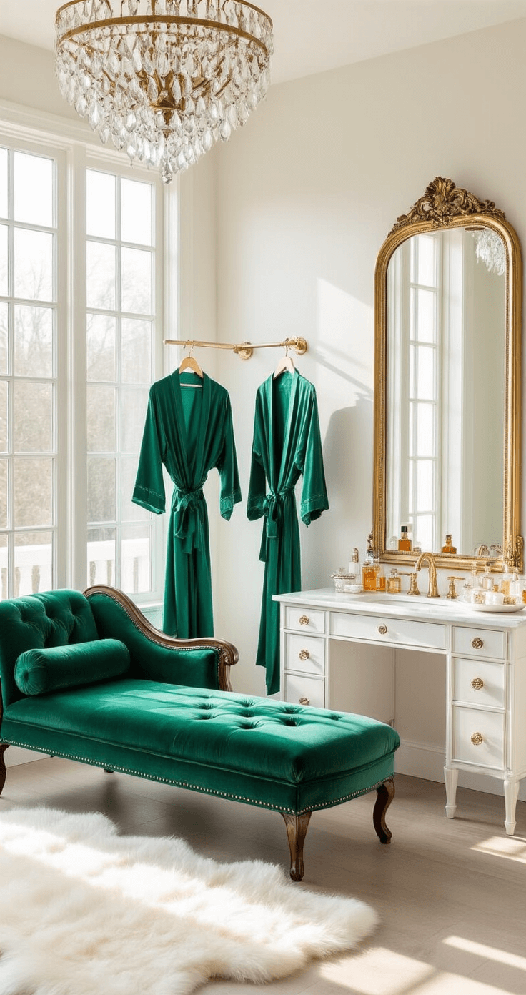 Bright bridal suite featuring a cozy lounge with an emerald chaise, gold-framed mirror, and vintage decor, illuminated by soft mid-morning light through floor-to-ceiling windows, complemented by an elegant crystal chandelier and layered reflections.