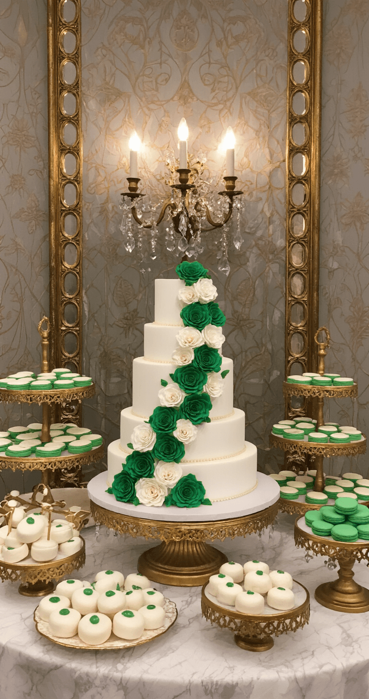 A beautifully arranged dessert display in a dedicated room featuring an antiqued mirror backdrop, evening lighting, a white and gold marble cake adorned with cascading emerald and ivory sugar flowers, gold tiered stands with emerald-accented petit fours, and mercury glass vessels filled with emerald macarons, all captured with dramatic accent lighting on a vintage carpet.