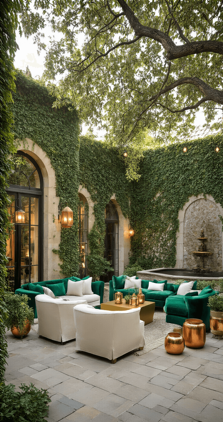 Elevated view of a cozy outdoor lounge setting in a 30x40ft courtyard, featuring stone patio, lush ivy-covered walls, emerald velvet sofas, and ivory linen chairs arranged around gold coffee tables, complemented by Moroccan lanterns and string lights, with a natural stone fountain as a backdrop.