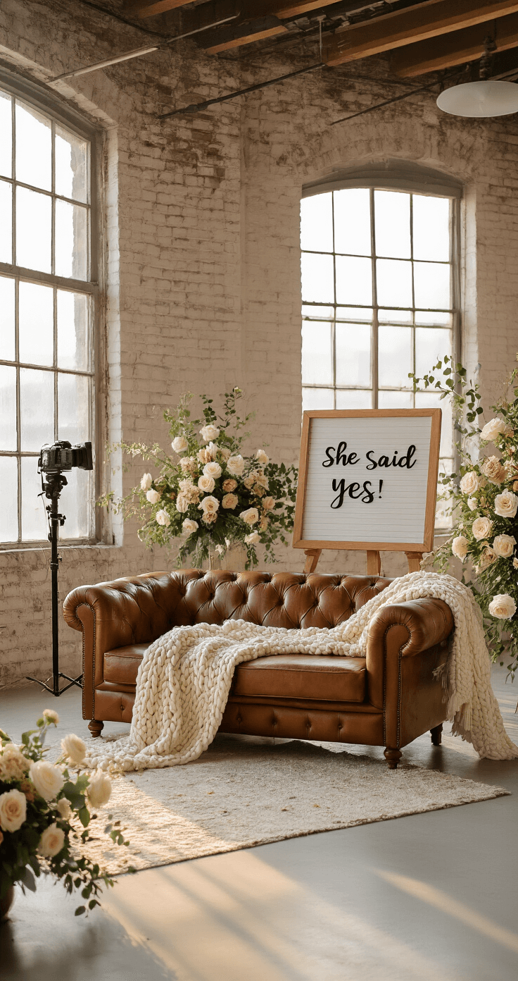 A bright white professional photography studio featuring a vintage leather Chesterfield sofa with a cream chunky knit throw, an 'She Said Yes!' letter board, and fresh white roses with eucalyptus, all illuminated by golden hour light streaming through large industrial windows.
