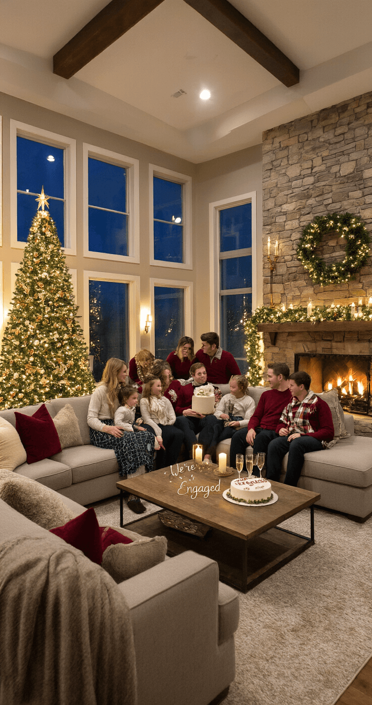 A spacious great room decorated for the holidays, featuring a vaulted ceiling and stone fireplace. An evening scene with a twinkling Christmas tree, a family in winter attire gathered on a sectional sofa, a coffee table with champagne flutes and a 'We're Engaged!' cake, and garland with fairy lights framing the mantle, all in rich jewel tones of emerald, burgundy, and gold.