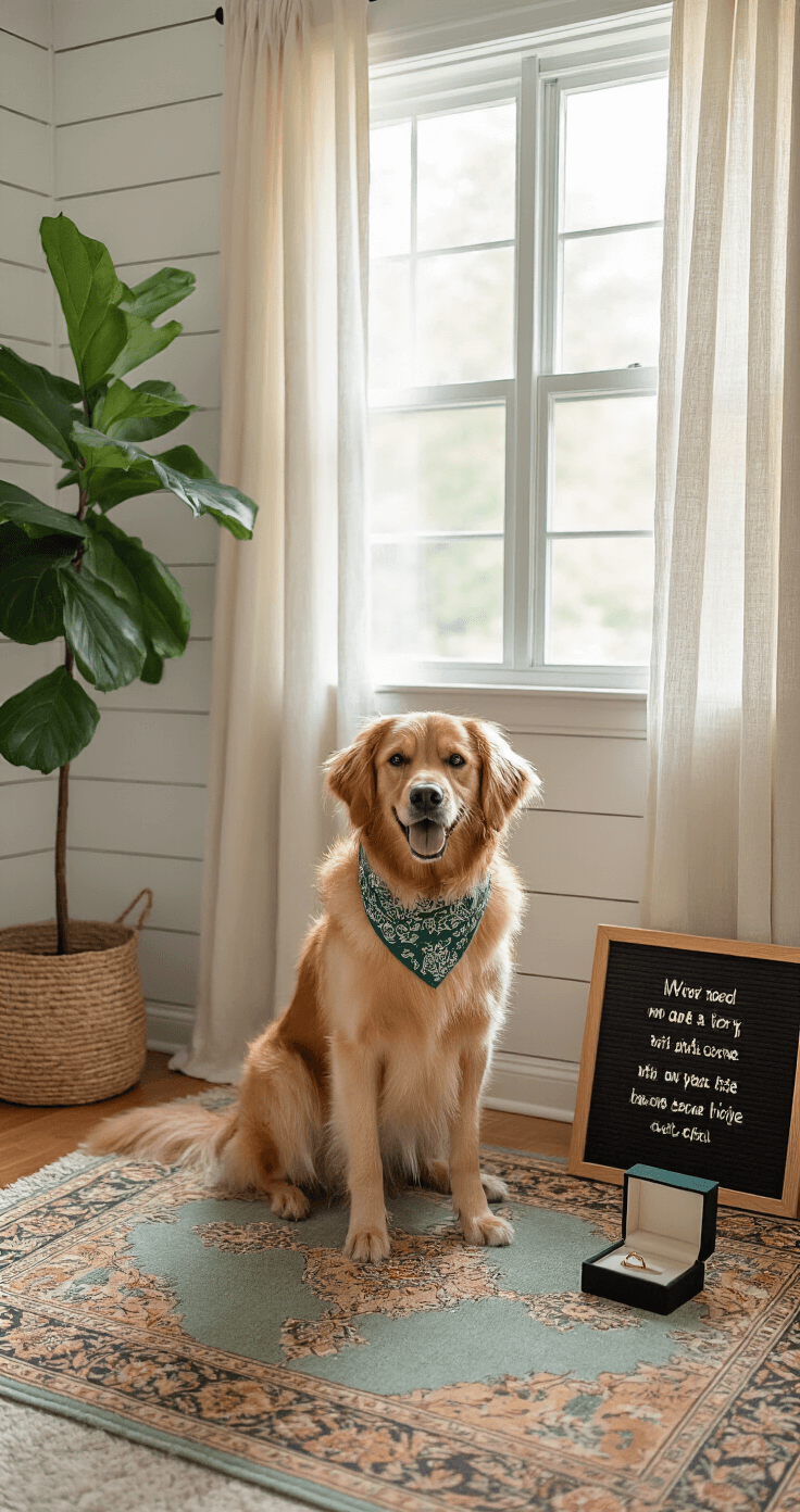 A cozy home office featuring a golden retriever on a vintage Persian rug, wearing a custom calligraphy bandana. Sunlight filters through sheer curtains, illuminating a ring box and a letter board with an announcement nearby. A fiddle leaf fig plant adds a touch of greenery, all in a neutral palette with sage green and brass accents.
