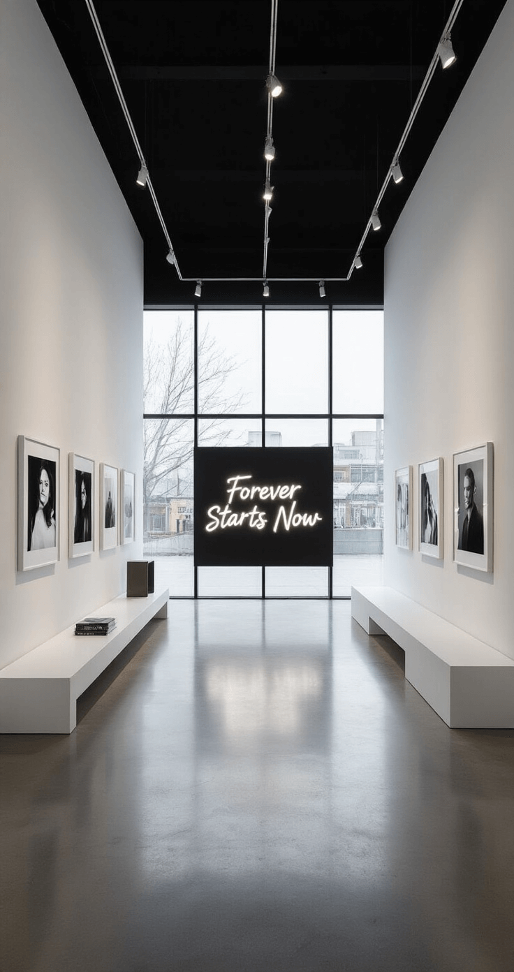 A minimalist modern art gallery with an 18x24ft white space featuring floating shelves, gallery lighting, and floor-to-ceiling windows. Black and white engagement photos are arranged in a geometric pattern, with a custom neon sign reading 'Forever Starts Now' as the centerpiece. Sculptural elements in brushed metal complement a monochromatic scheme, highlighted by a single red rose accent. The photo is shot straight-on, emphasizing clean architectural lines.