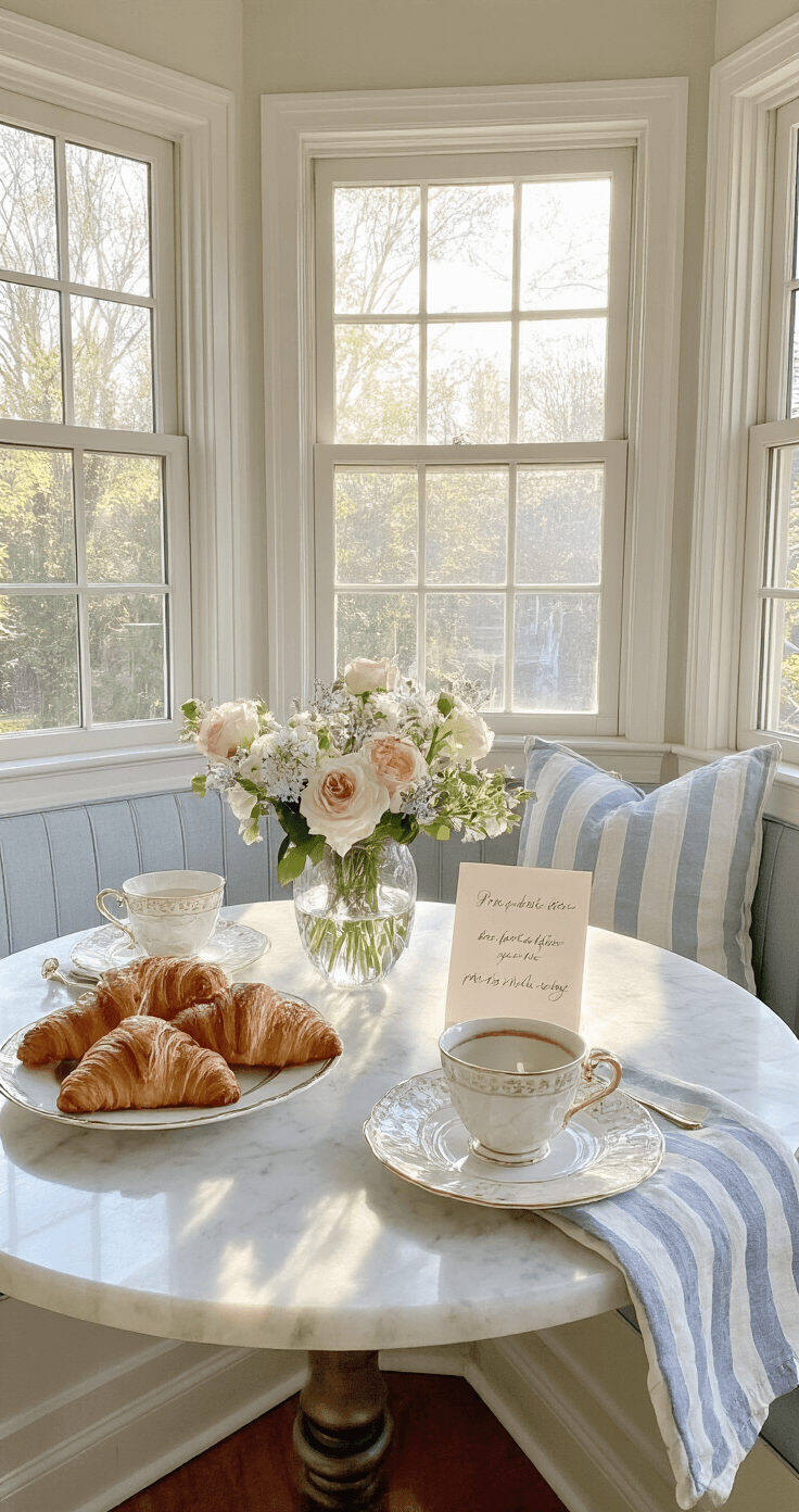 Charming breakfast nook featuring a 10x12ft corner with bay windows, early morning light casting soft shadows. A round marble bistro table set with vintage china, fresh croissants, and an engagement ring box, accompanied by a hand-written announcement card in a crystal bud vase. Styled with striped linen napkins and fresh flowers, presented from a 45-degree angle in a French country palette of powder blue, cream, and brass.