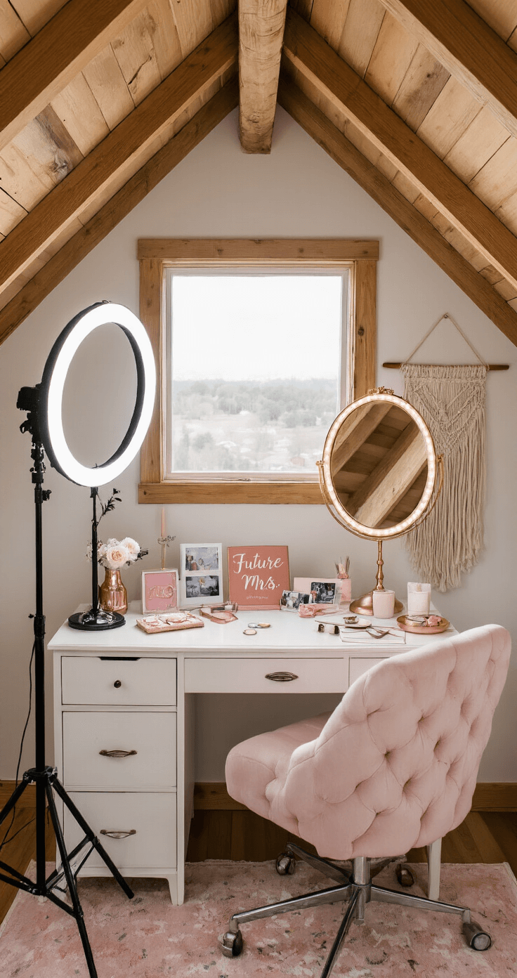 A converted attic home studio featuring exposed beams, professional lighting setup, a vintage vanity mirror with 'Future Mrs.' in lipstick, and a styled flat lay with a ring box, polaroid photos, and calligraphy props, all in blush pink, white, and rose gold. Shot from above to show the complete arrangement.