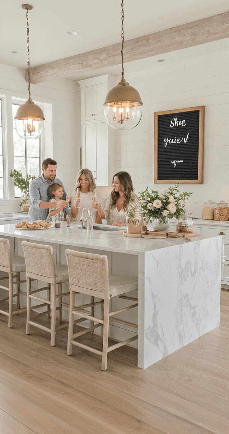 A spacious open-concept kitchen filled with warm, natural light as a family gathers around a marble island for a champagne toast, with a custom letterboard and fresh flowers on display. A cookie jar labeled 'She said yes!' is visible in the background, capturing a joyful celebration.