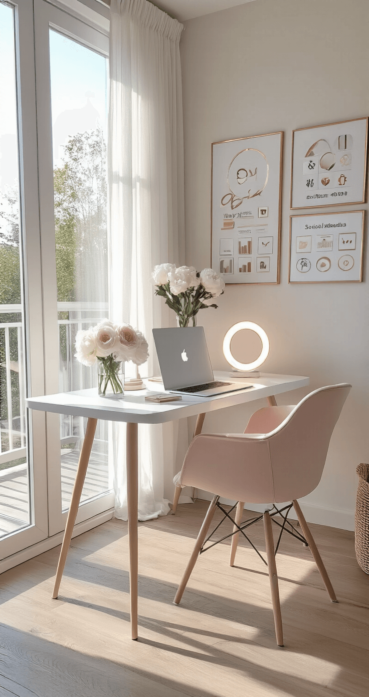A bright modern home office with a minimalist white desk at a 45-degree angle, featuring a MacBook, ring light, professional camera, and organized hashtag planning cards. Decorated in soft blush and grey tones with metallic gold accents, the room includes a mood board with social media metrics, fresh white peonies, geometric wall art with social media icons, and natural oak flooring, all illuminated by morning light through sheer white curtains.
