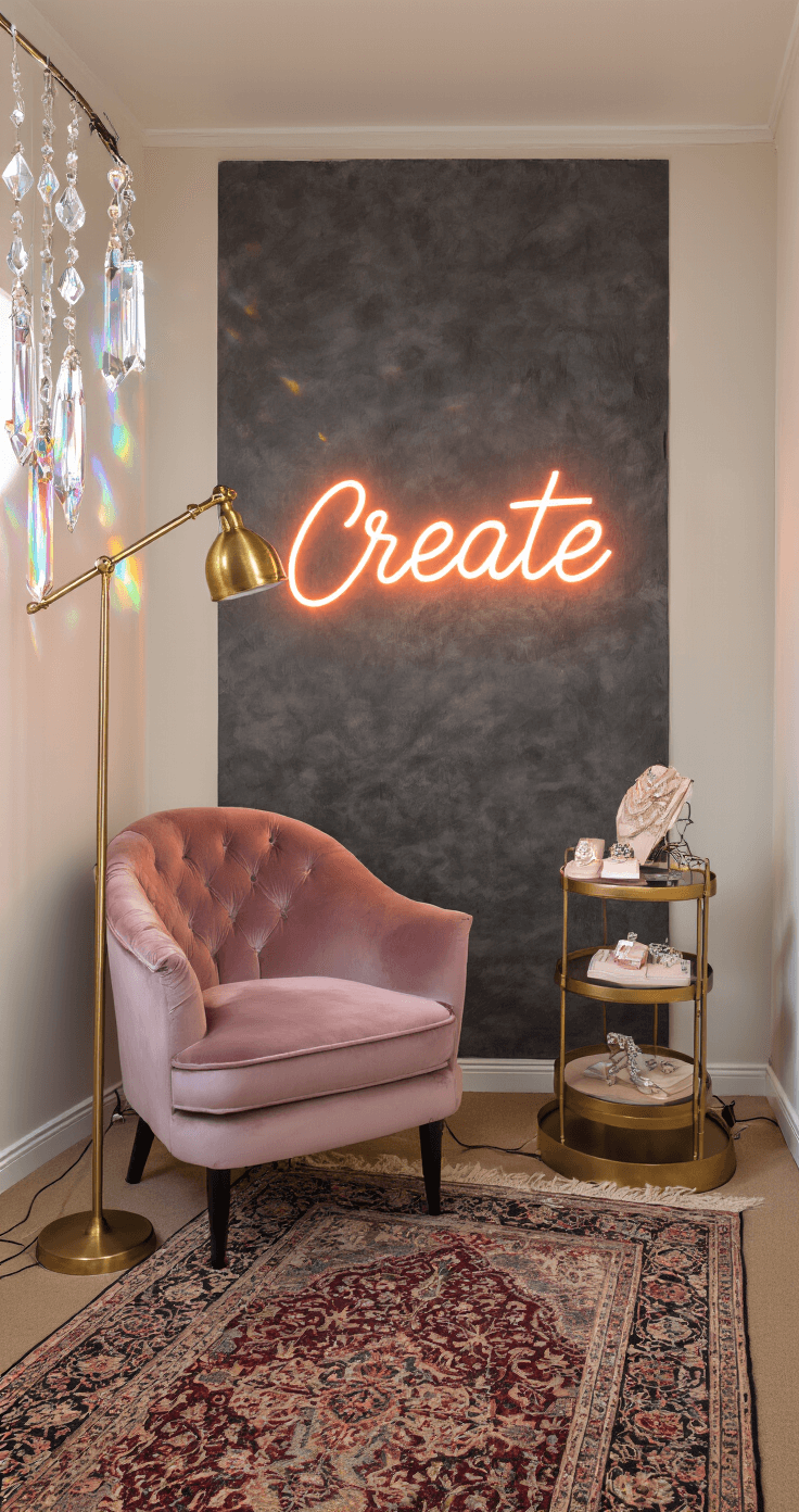 Cozy content creator corner in a 10x12ft bedroom nook with a plush dusty rose accent chair, brass floor lamp, and neon 'Create' signage, featuring a mobile photography station and vintage Persian rug, all bathed in warm golden hour light.