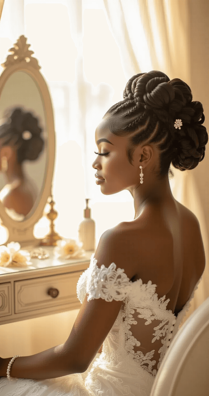 Natural Hair Updo for Weddings: Elegant Styles That Celebrate Your Texture A radiant African American bride in an off-shoulder ivory lace gown sits in a sunlit bridal suite, showcasing her intricate flat twist bun with pearl pins, glowing skin, and defined natural hair texture, surrounded by bridal accessories in a warm, romantic atmosphere.