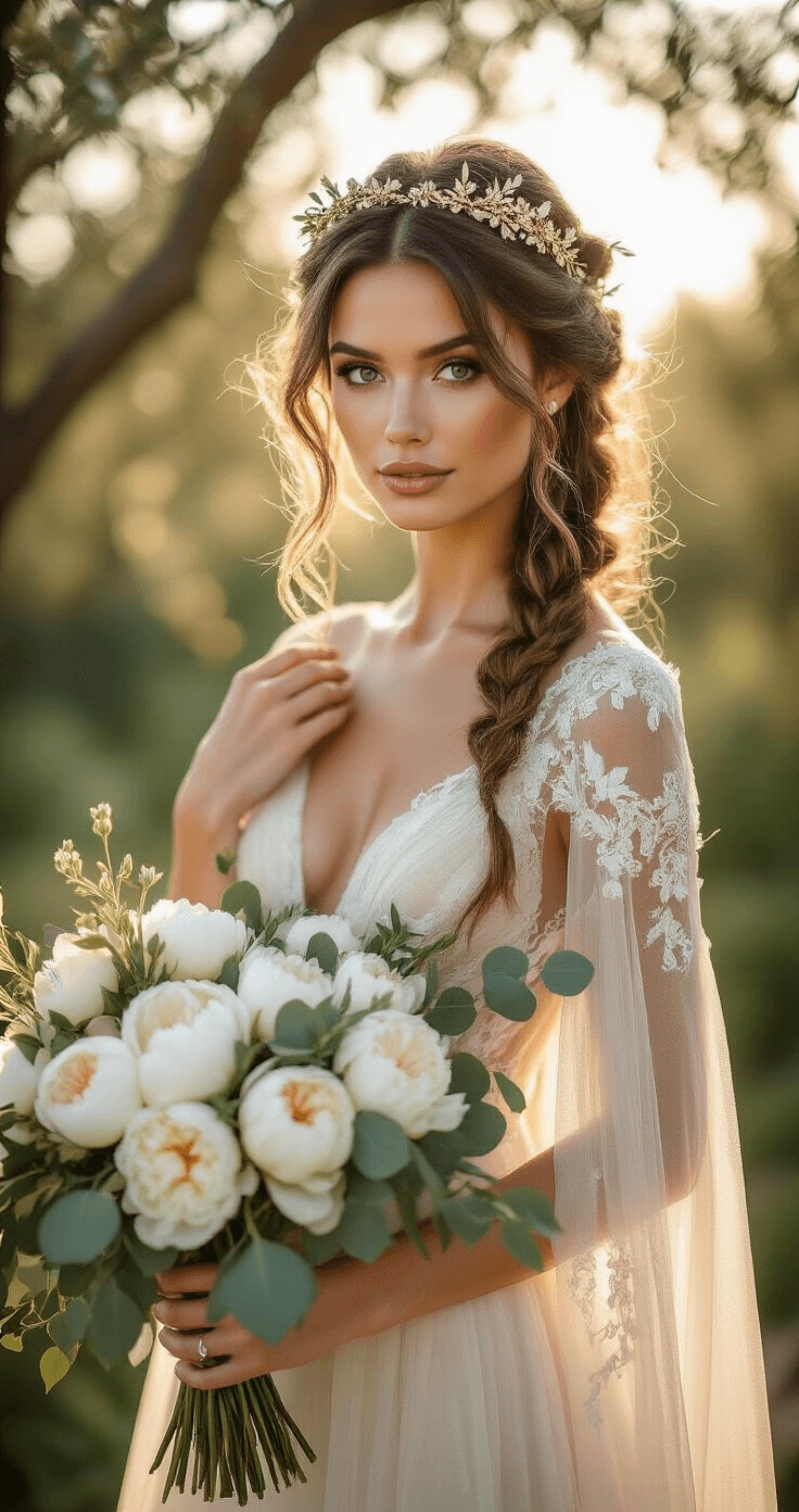 Natural Hair Updo for Weddings: Elegant Styles That Celebrate Your Texture A stunning bride with a halo crown braid adorned with white peonies and eucalyptus poses outdoors in a romantic garden during golden hour, wearing a champagne-toned chiffon wedding dress with lace sleeves, as dappled sunlight creates a dreamy backlit glow around her.