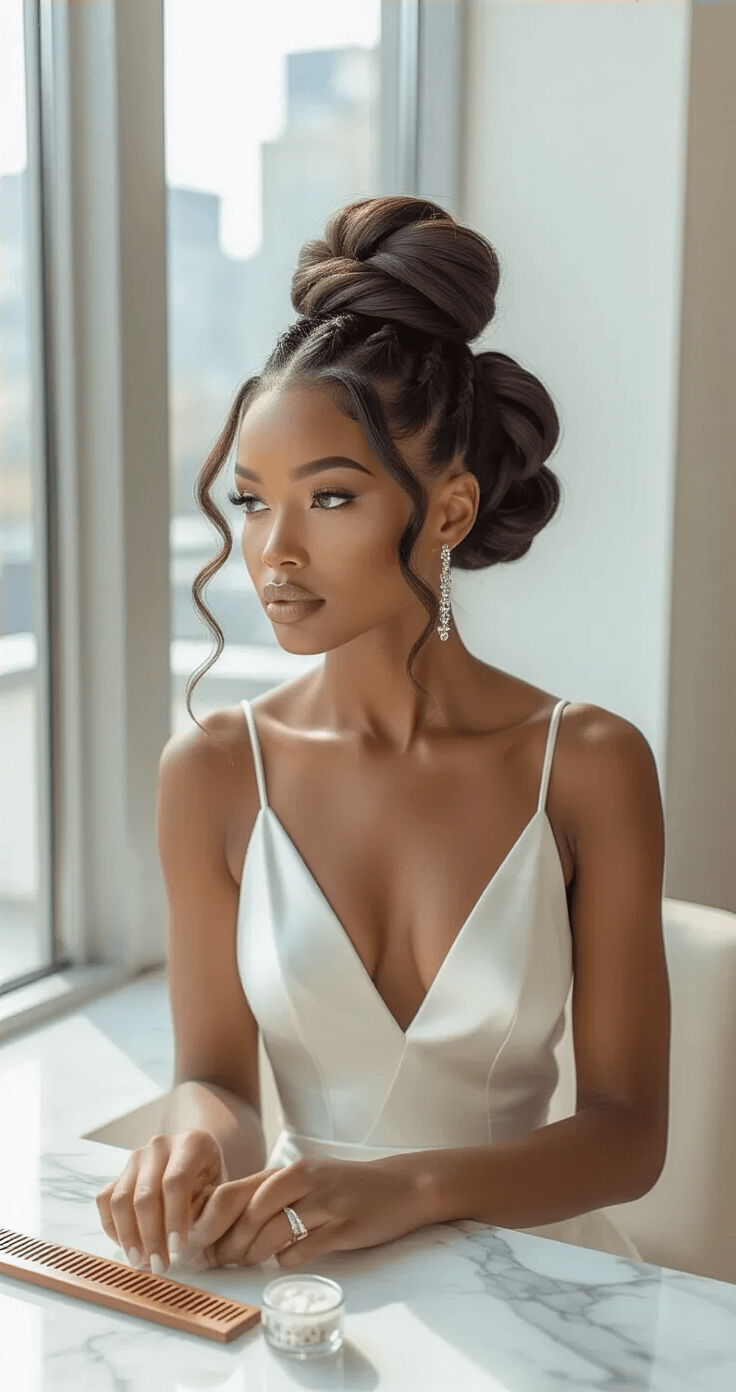 Natural Hair Updo for Weddings: Elegant Styles That Celebrate Your Texture An elegant bride with a chunky twisted low bun sits at a contemporary marble vanity, showcasing her voluminous natural hair and wearing a sleek ivory silk slip dress. The minimalist bridal suite, lit by midday light from floor-to-ceiling windows, features styled hair tools arranged artfully, creating a luxurious atmosphere.