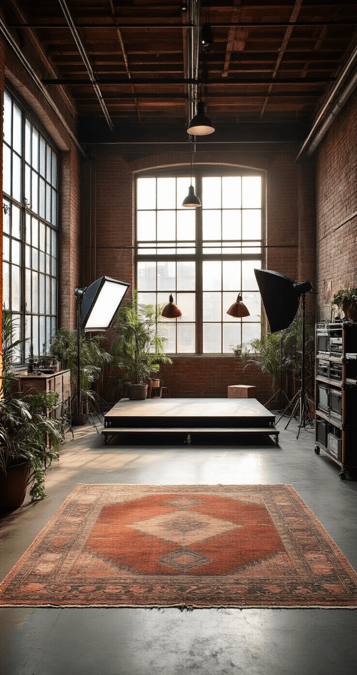 Industrial-chic loft studio featuring exposed brick and steel beams, illuminated by late afternoon sunlight. The modular content creation station with adjustable platforms and professional lighting is prominently displayed, while concrete floors are softened by vintage rugs. Organized tech equipment and geometric props complement the space, adorned with trailing plants. Color palette includes charcoal, warm whites, and copper accents.