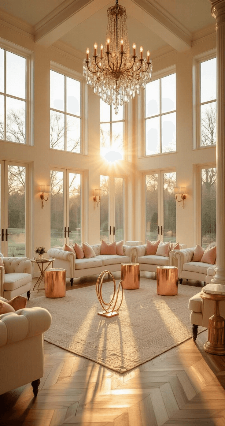 A romantic engagement party setup in a spacious open-plan living room featuring golden hour sunlight, an elegant ring toss game station with gold hoops, vintage furniture arrangements, and soft lighting from chandeliers and uplighting, all captured from an elevated angle with a dreamy bokeh effect.