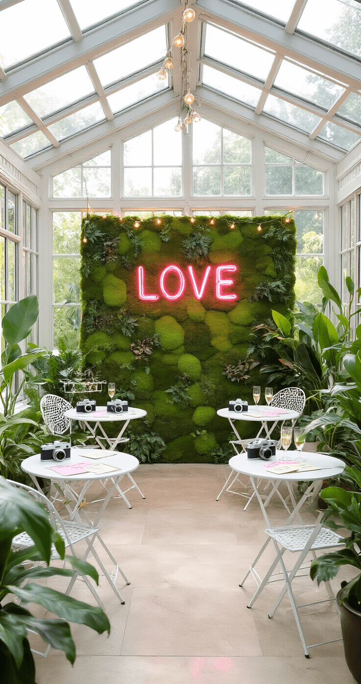 Bright indoor game space in a conservatory with glass ceiling, featuring a moss wall and neon 'LOVE' sign, white bistro tables with vintage cameras and challenge cards, framed by tropical plants and champagne bubble string lights. Color palette includes emerald green, crisp white, gold accents, and neon pink.