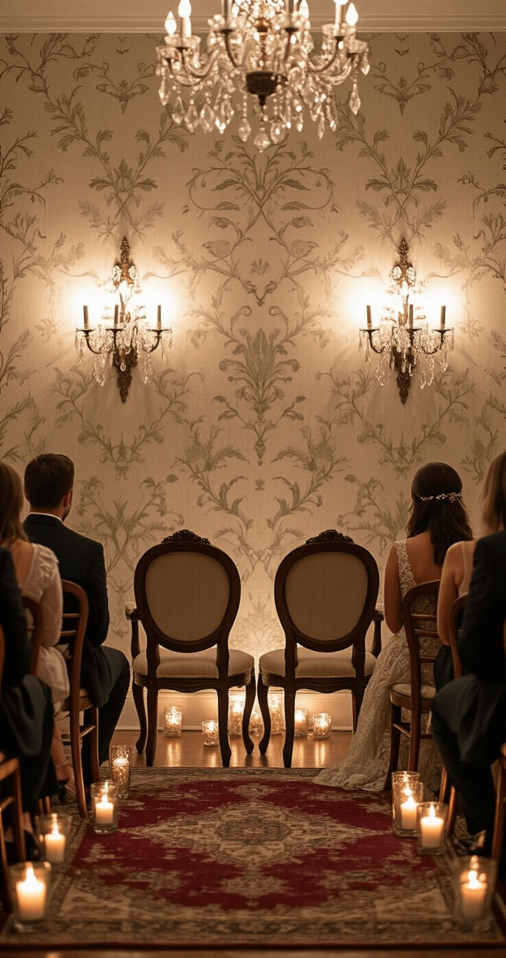 Intimate parlor room setup for the Shoe Game with vintage crystal sconces, antique high-back chairs on a Persian rug, and floating candles, creating a romantic atmosphere in deep burgundy and cream tones.