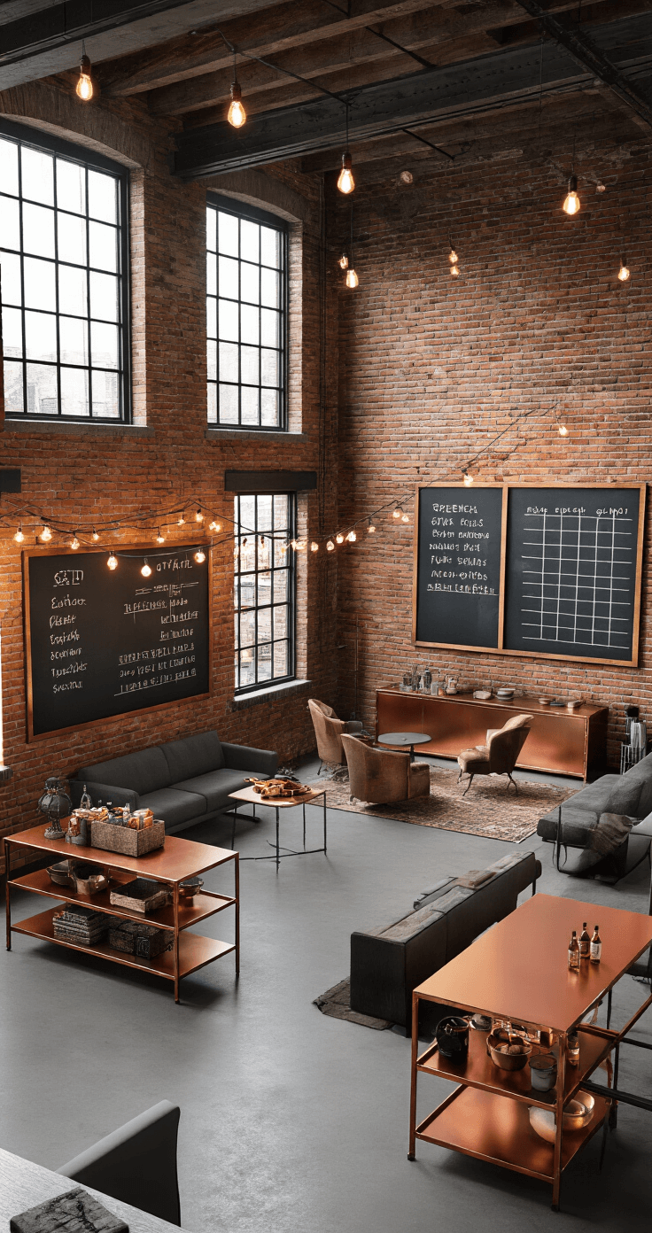 A modern industrial loft space configured for team trivia, featuring exposed brick walls, steel beams, and late afternoon light filtering through factory windows, with Edison bulb string lights adding warmth. The layout includes two distinct seating areas with a mix of vintage and modern furniture, oversized chalkboard scoreboards, and a geometric copper bar cart serving refreshments, all presented in a bird's eye view to highlight the spatial division and flow in a color palette of brick red, weathered brown, matte black, and copper.