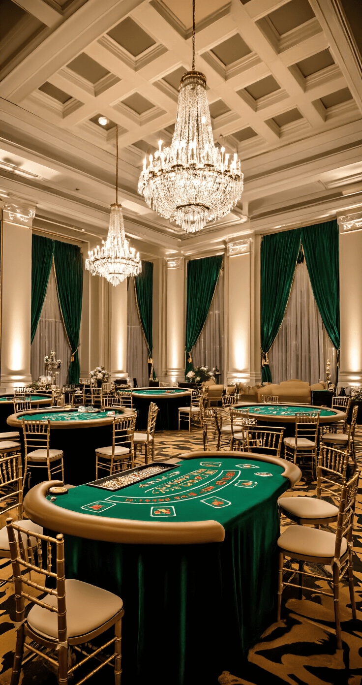 Elegant casino ballroom setup featuring dramatic uplighting, coffered ceilings, crystal chandeliers, emerald velvet tables, gold Chiavari chairs, and art deco accents, captured from a low angle.