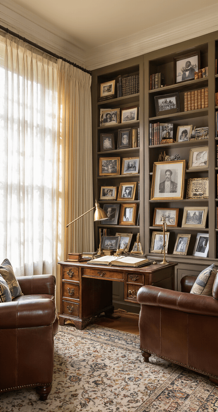 Cozy library nook with built-in bookshelves filled with photos and mementos, vintage writing desk, leather armchairs, and brass floor lamps, illuminated by afternoon sun filtering through sheer curtains; gallery wall showcases couple's journey in rich brown, cream, and navy tones.