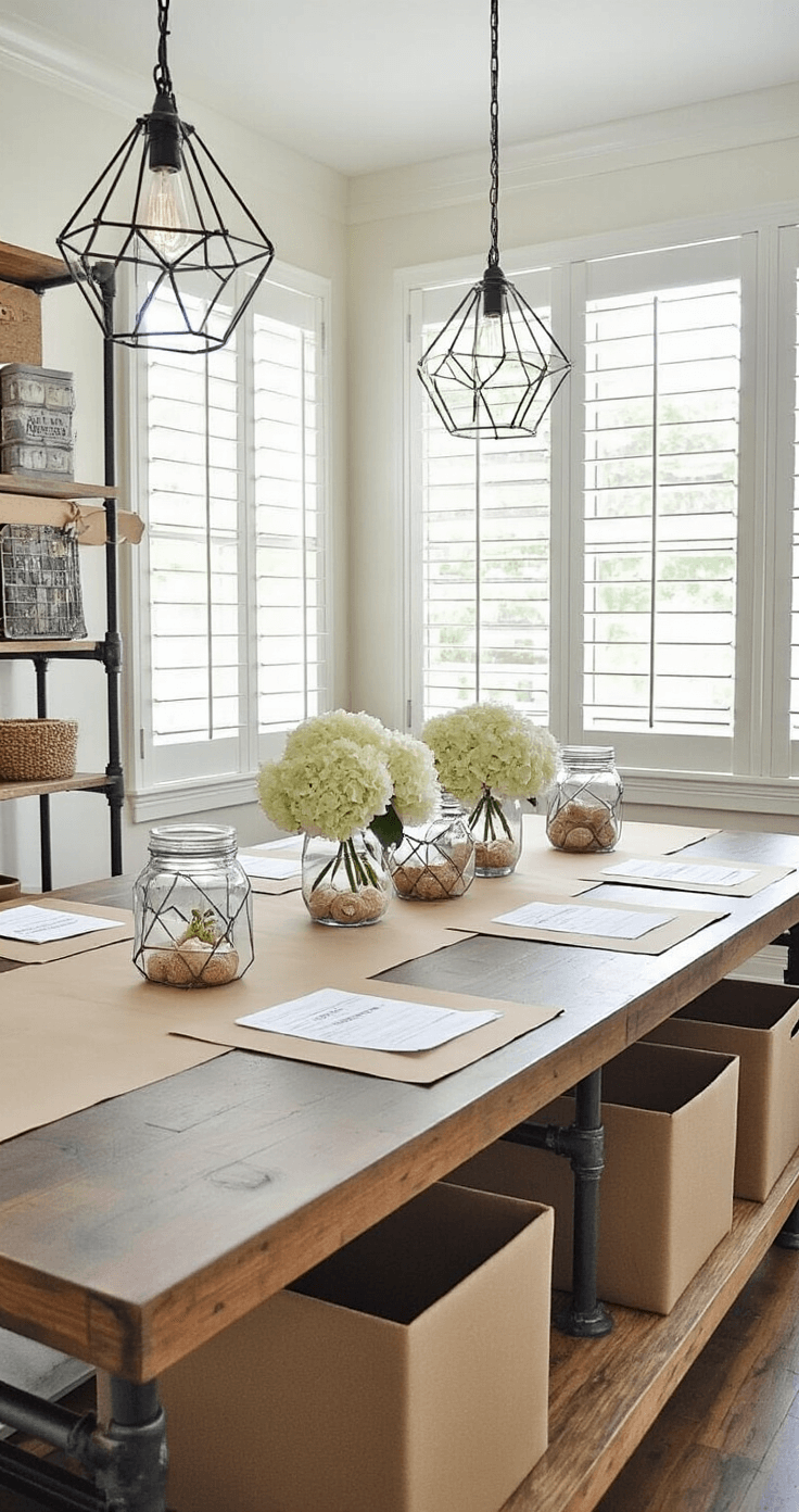 A beautifully styled DIY game station in a sunroom, featuring a long farmhouse table with kraft paper runners, mason jar supply stations, and mixed metal geometric terrariums. Morning light filters through plantation shutters, illuminating white hydrangea centerpieces and industrial pipe shelving filled with game materials and prizes, all captured from tabletop level. The color palette includes white, kraft brown, metallics, and green accents.