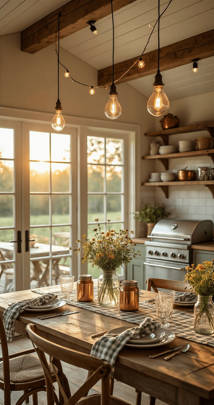 Interior of a spacious farmhouse kitchen at golden hour, featuring a rustic wooden table set for a BBQ party adorned with vintage mason jar wildflower centerpieces and gingham tablecloths, warm light streaming through French doors, and a view of an outdoor dining area with a smoking stainless steel grill, all highlighted by copper cookware on open shelving and draped string lights creating a cozy atmosphere.