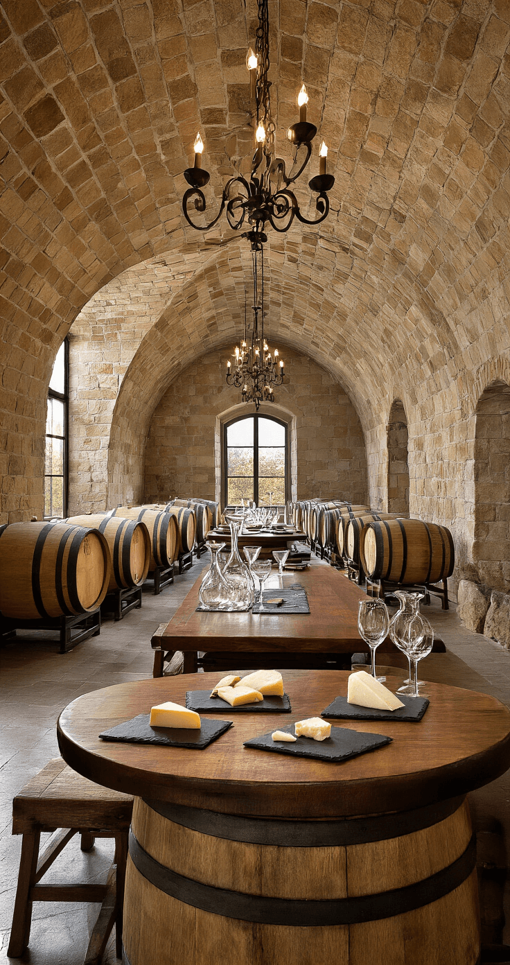 Elegantly designed wine cellar tasting room featuring a barrel-vaulted stone ceiling, weathered oak barrels, a reclaimed wood tasting table with crystal decanters and cheese boards, illuminated by wrought iron chandeliers and late afternoon light, creating a moody and sophisticated atmosphere.