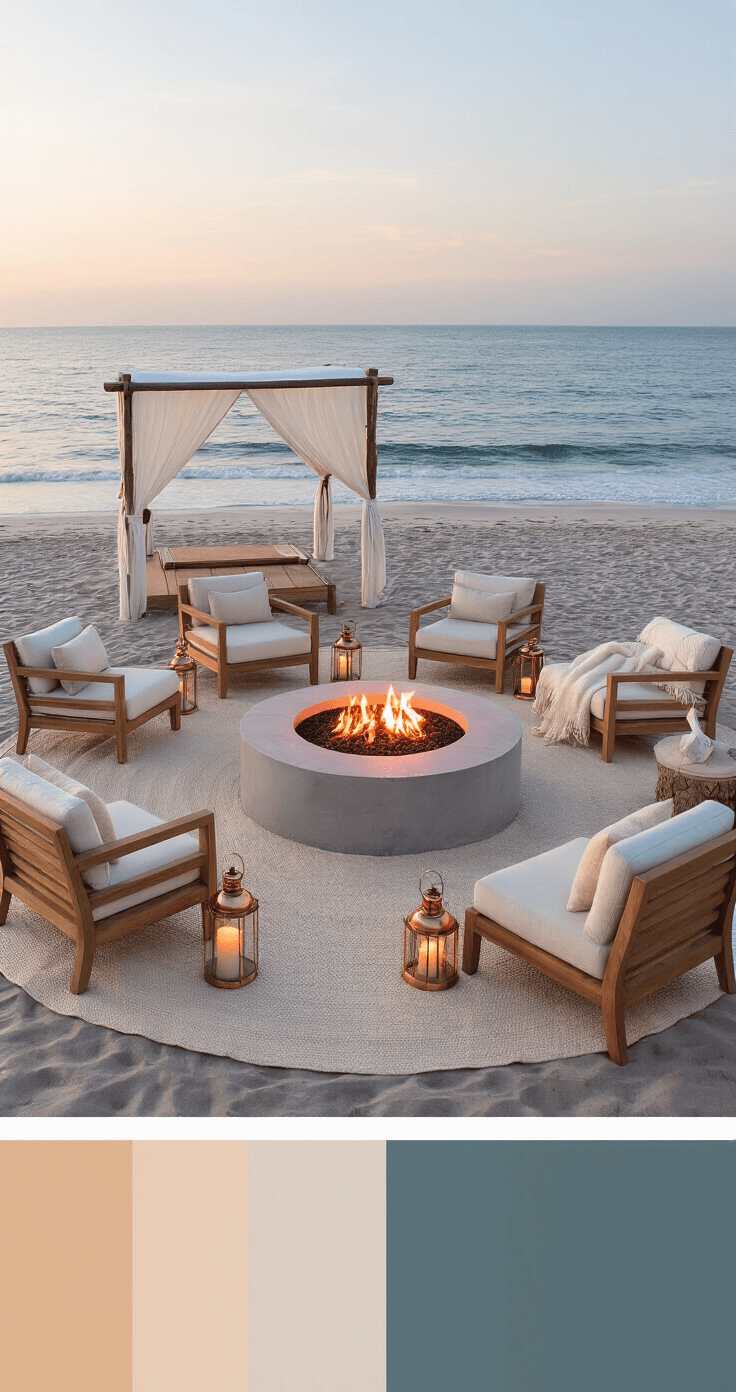 Twilight beach scene featuring a circular setup with a modern concrete fire pit at the center, surrounded by low-profile teak lounge furniture on ivory canvas rugs over sand. Copper lanterns and hurricane candles provide a warm glow, complemented by casually draped cream wool throws. A white canvas cabana serves as the backdrop, with the ocean horizon visible in the distance, capturing a dreamy, romantic atmosphere in coastal blues and warm copper tones.