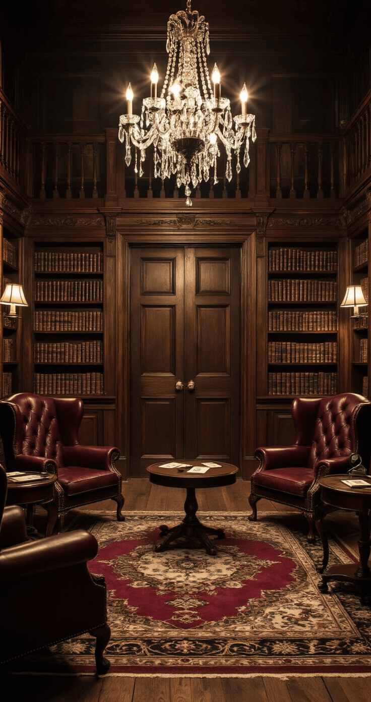 A dimly lit Victorian library with rich mahogany paneling, featuring leather wingback chairs and scattered vintage magnifying glasses on mahogany side tables. A crystal chandelier casts shadows, illuminating emerald and burgundy tones, while a secret door stands slightly ajar, enhancing the room's mysterious atmosphere.