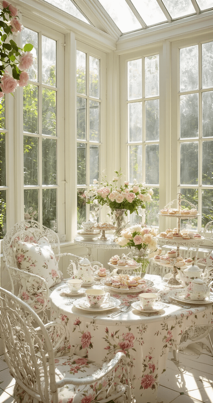 A sunlit conservatory filled with antique white wrought iron furniture, floral-clothed tables, mismatched vintage china teacups, and tiered cake stands adorned with petit fours, all surrounded by fresh roses in crystal vases, creating a dreamy and romantic atmosphere.