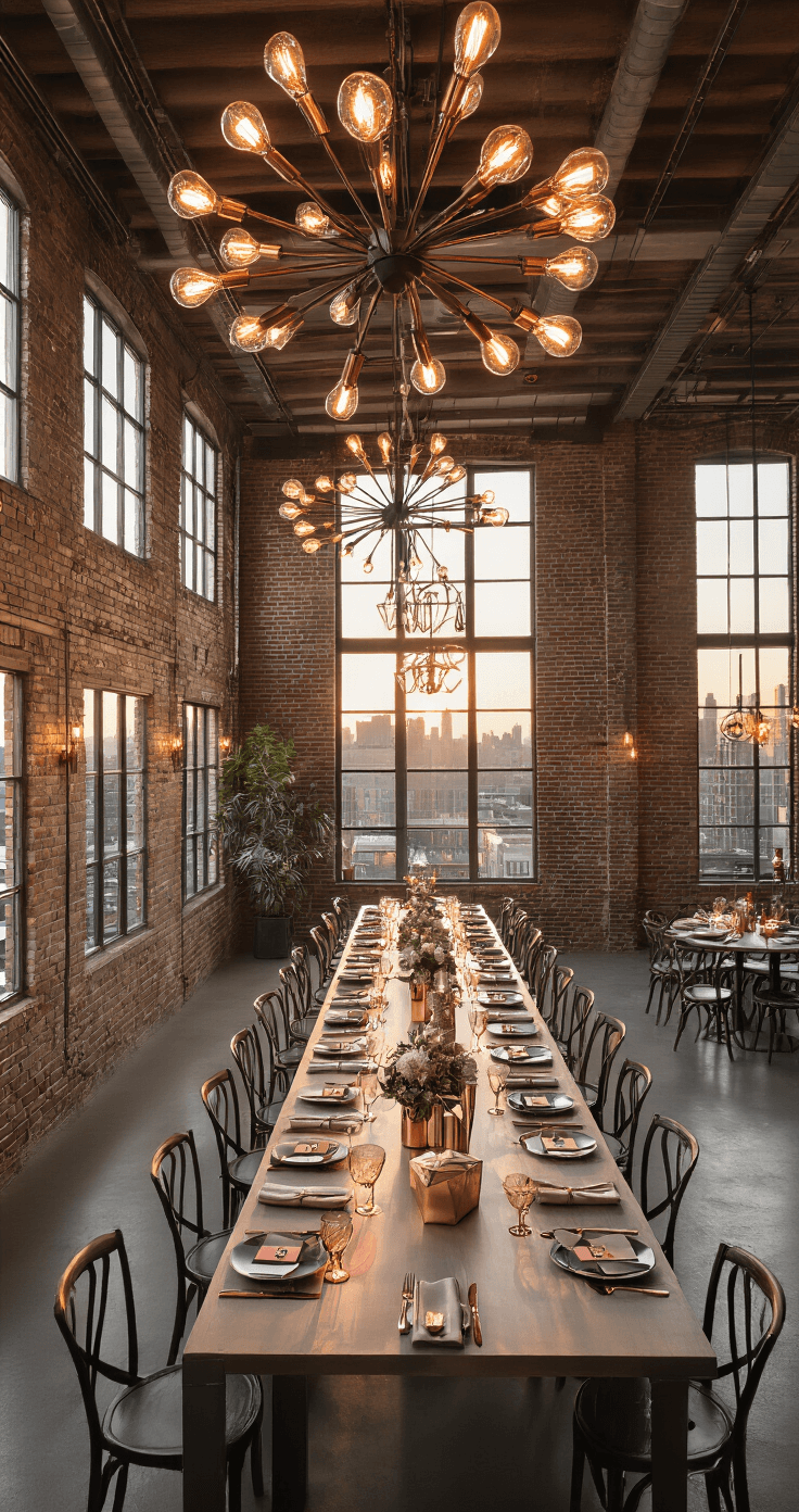 Aerial view of a modern loft space at sunset featuring industrial windows, long communal tables adorned with mixed metallic decor and geometric centerpieces, contemporary chandeliers with Edison bulbs, exposed brick walls showcasing a projected monogram, and a color palette of rose gold, charcoal, cream, and copper, creating an urban sophisticated atmosphere.