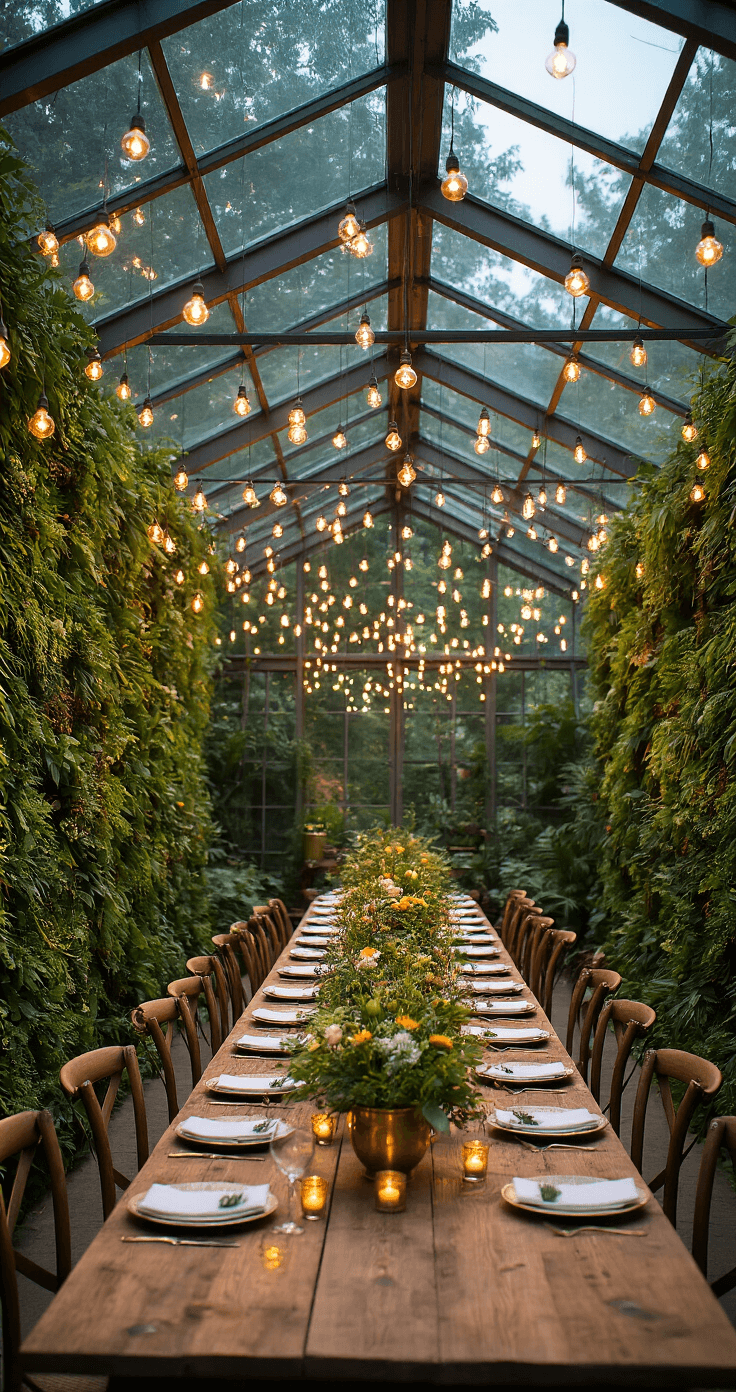 A beautifully arranged garden greenhouse venue at twilight, featuring a peaked glass ceiling illuminated by hundreds of suspended tea lights. Vintage wooden harvest tables are framed by living walls of greenery, adorned with organic centerpieces of wild floral arrangements in brass vessels, creating an enchanted garden atmosphere in emerald, brass, warm whites, and deep garden greens.